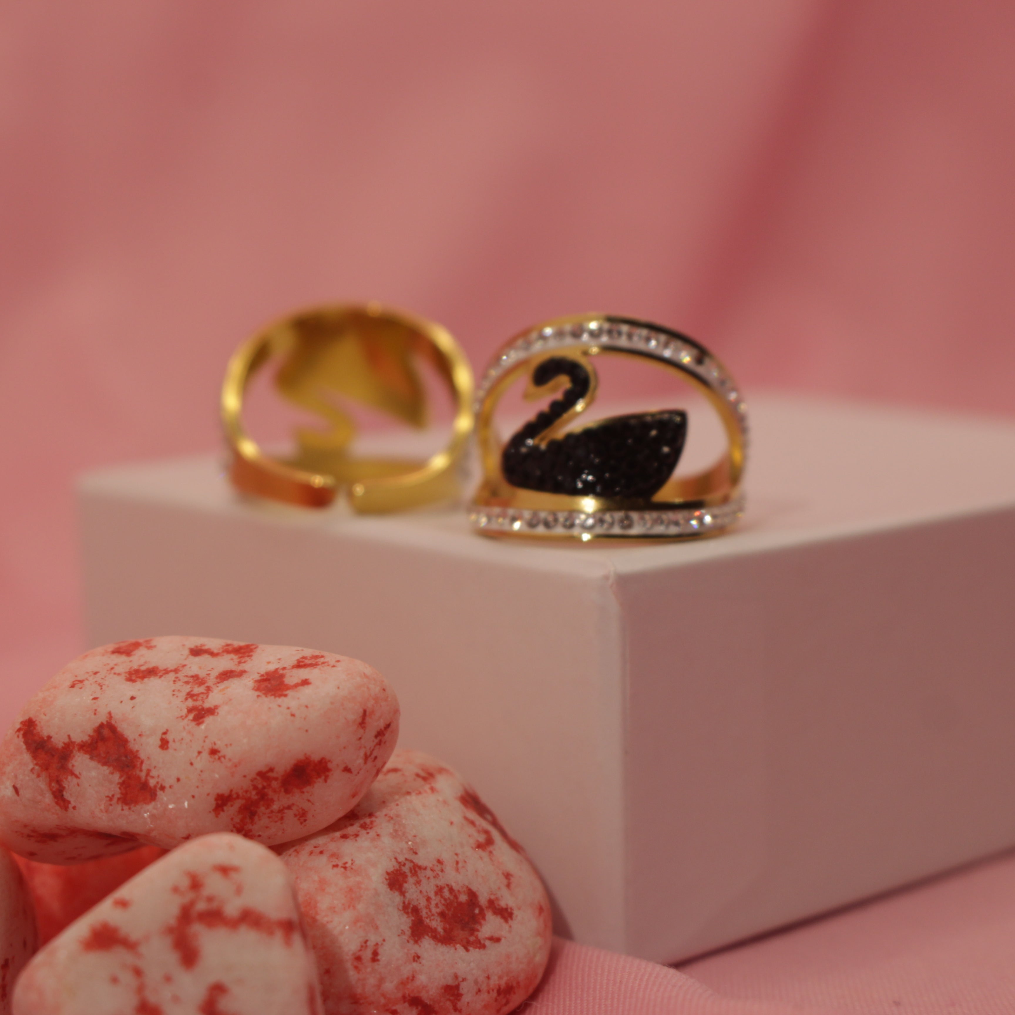 Black Swan Ring Adjustable, Stainless Steel with Crystals