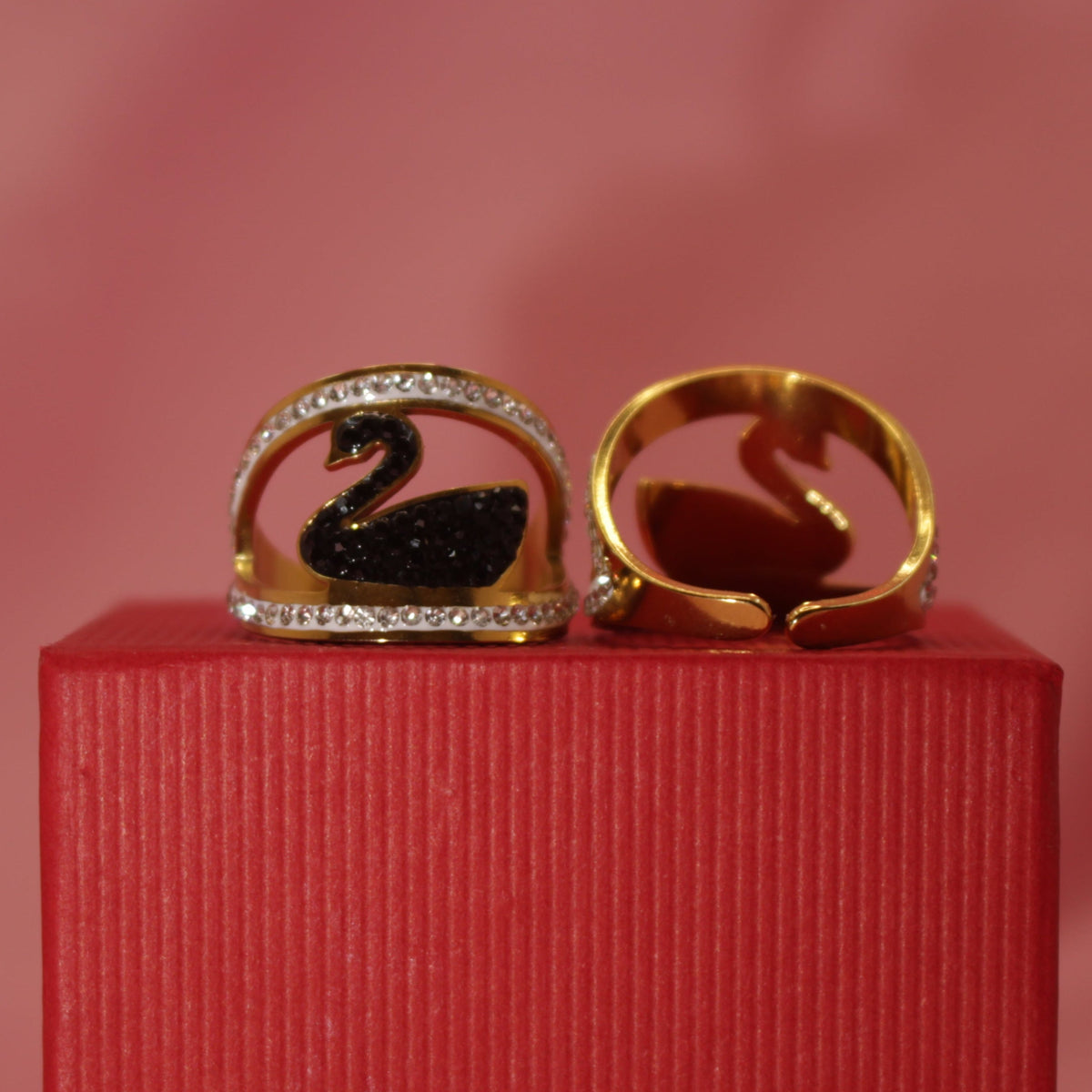 Black Swan Ring Adjustable, Stainless Steel with Crystals