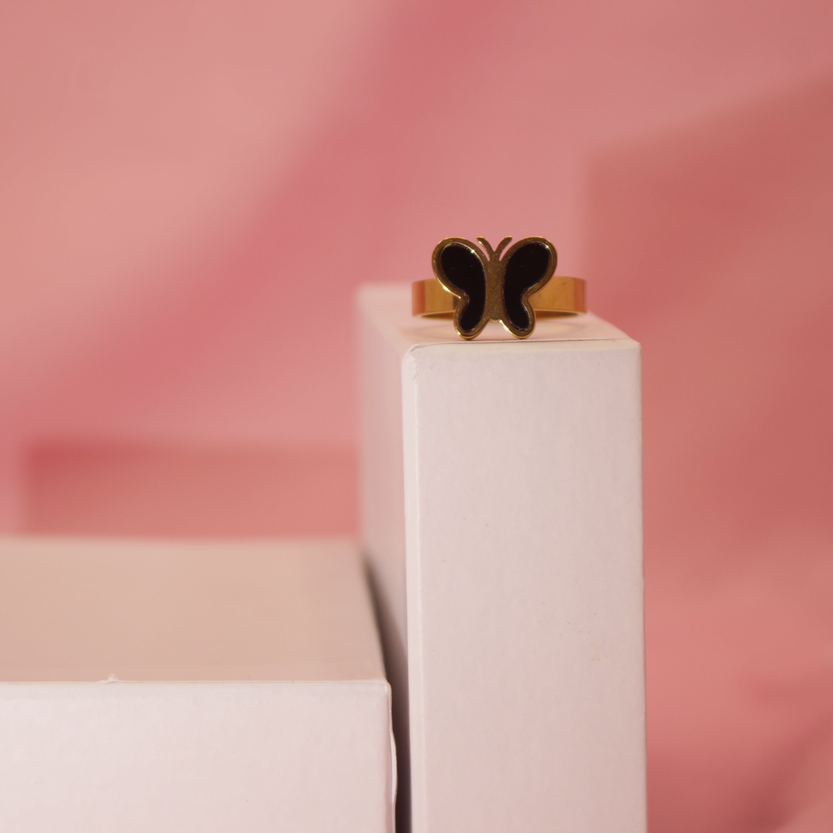 Black Butterfly Ring Gold-Tone Stainless Steel