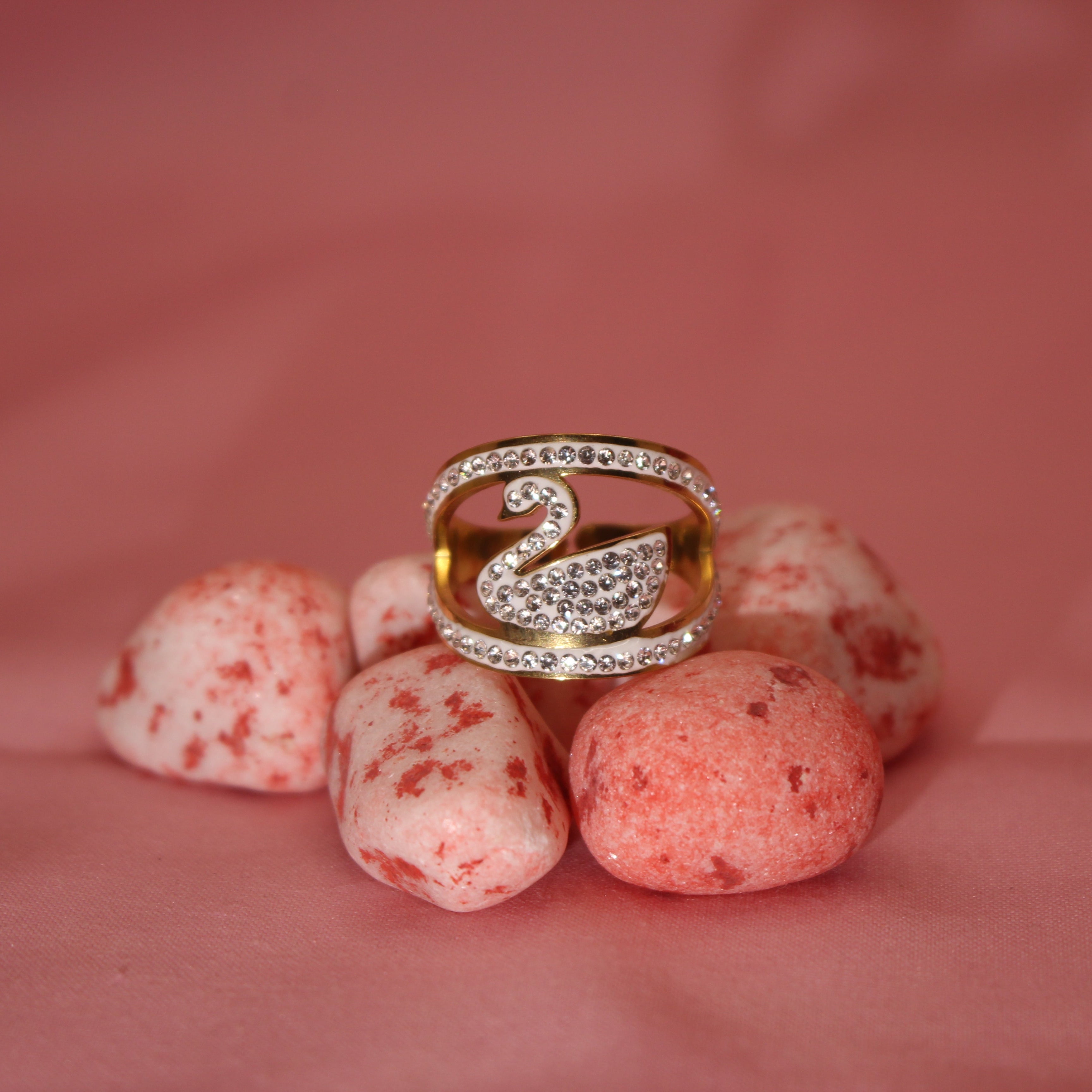 White Swan Ring Adjustable, Stainless Steel with Crystals