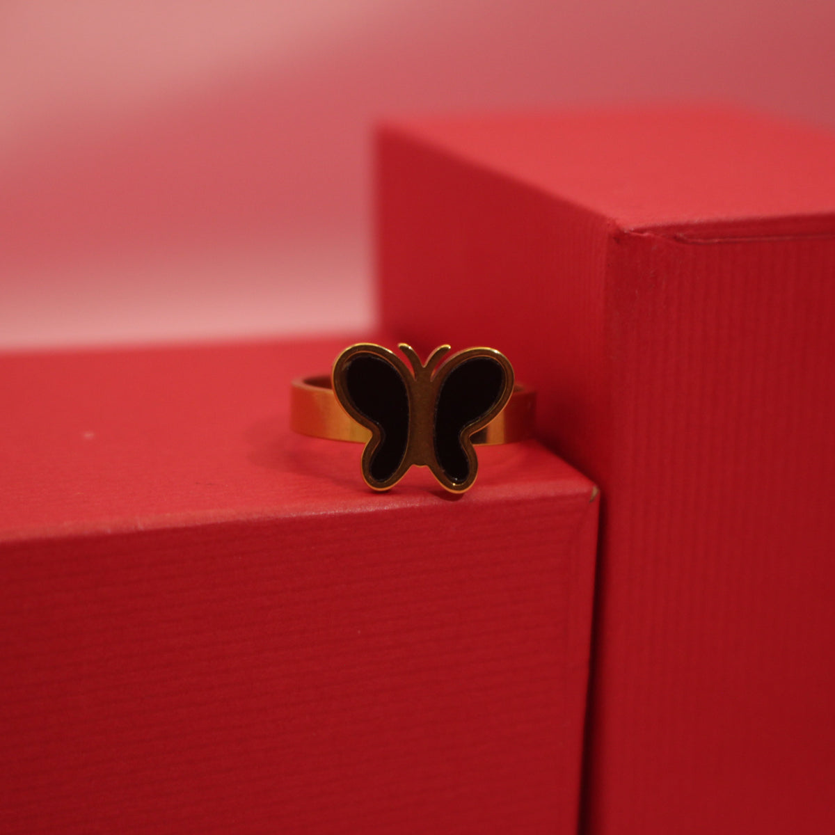 Black Butterfly Ring Gold-Tone Stainless Steel