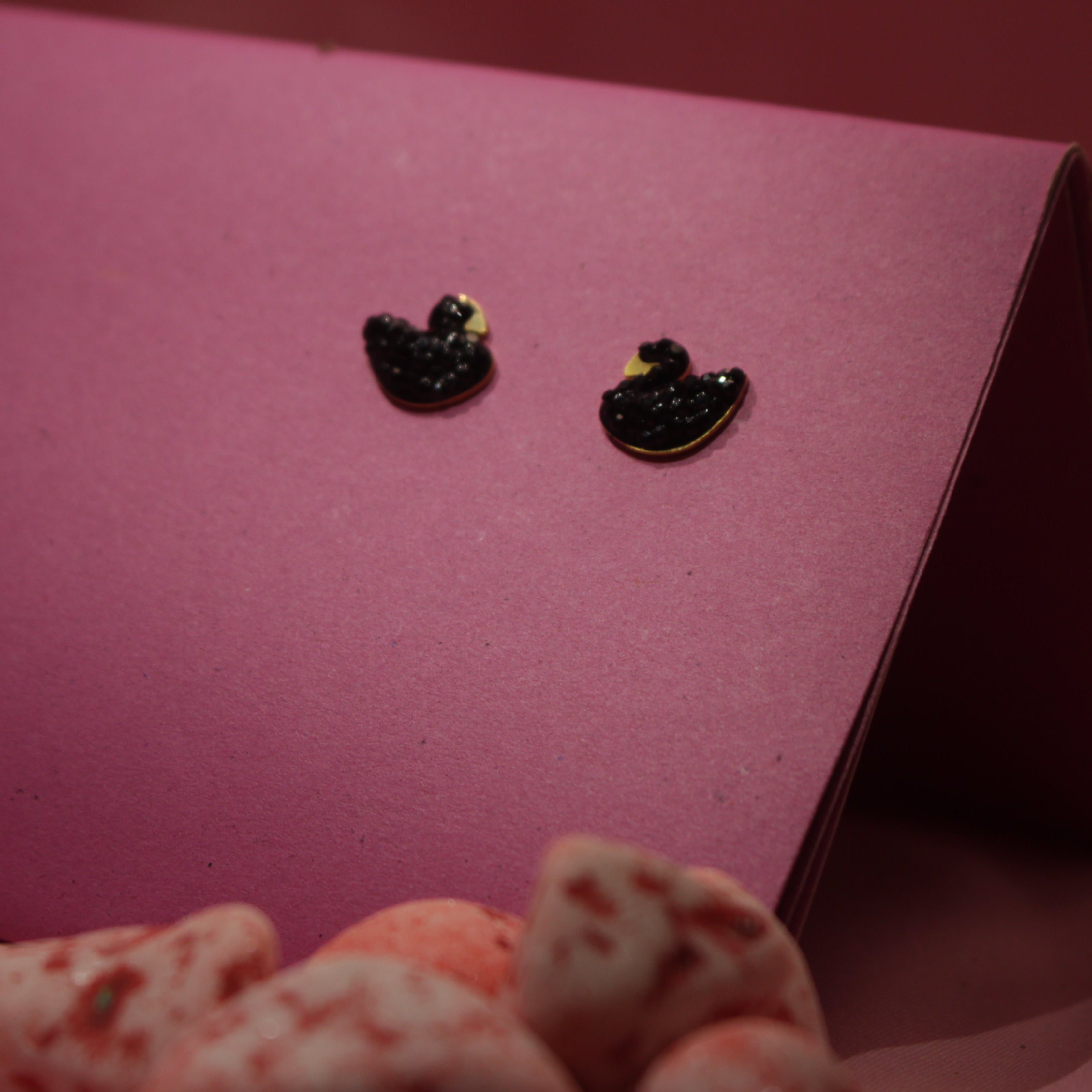 Elegant Black Swan Stud Earrings Glossy Enamel Stainless Steel