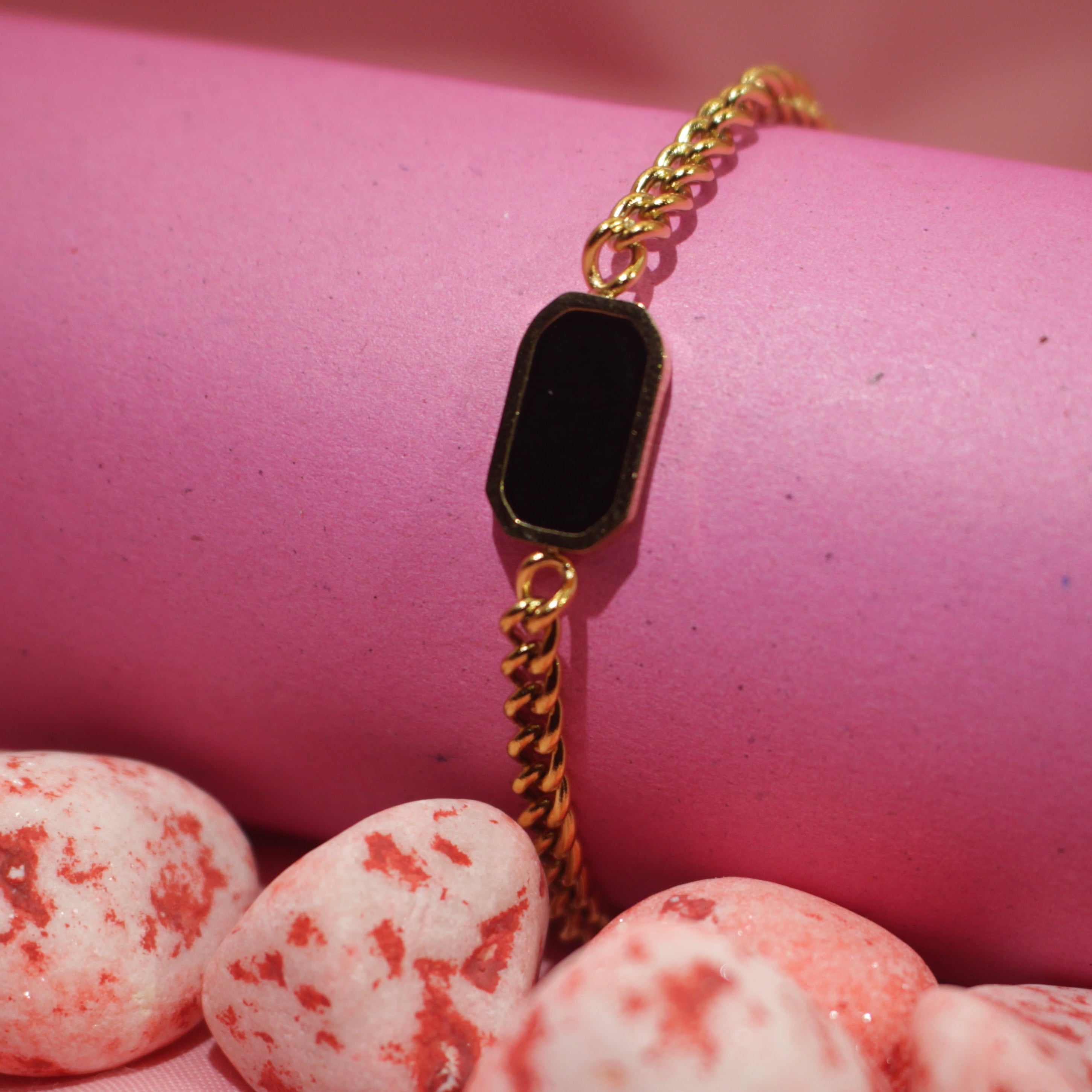 Stainless Steel Gold Bracelet with Black Stone