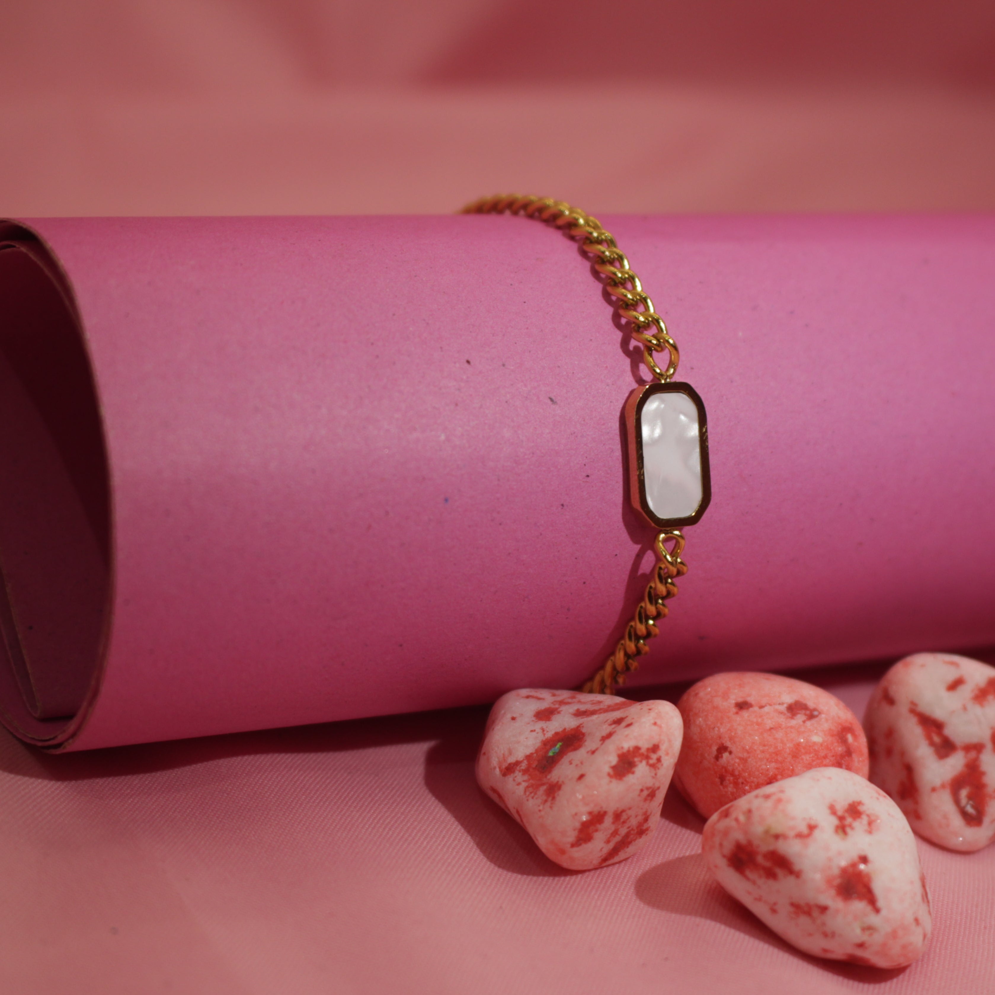 Stainless Steel Gold Bracelet with White Stone