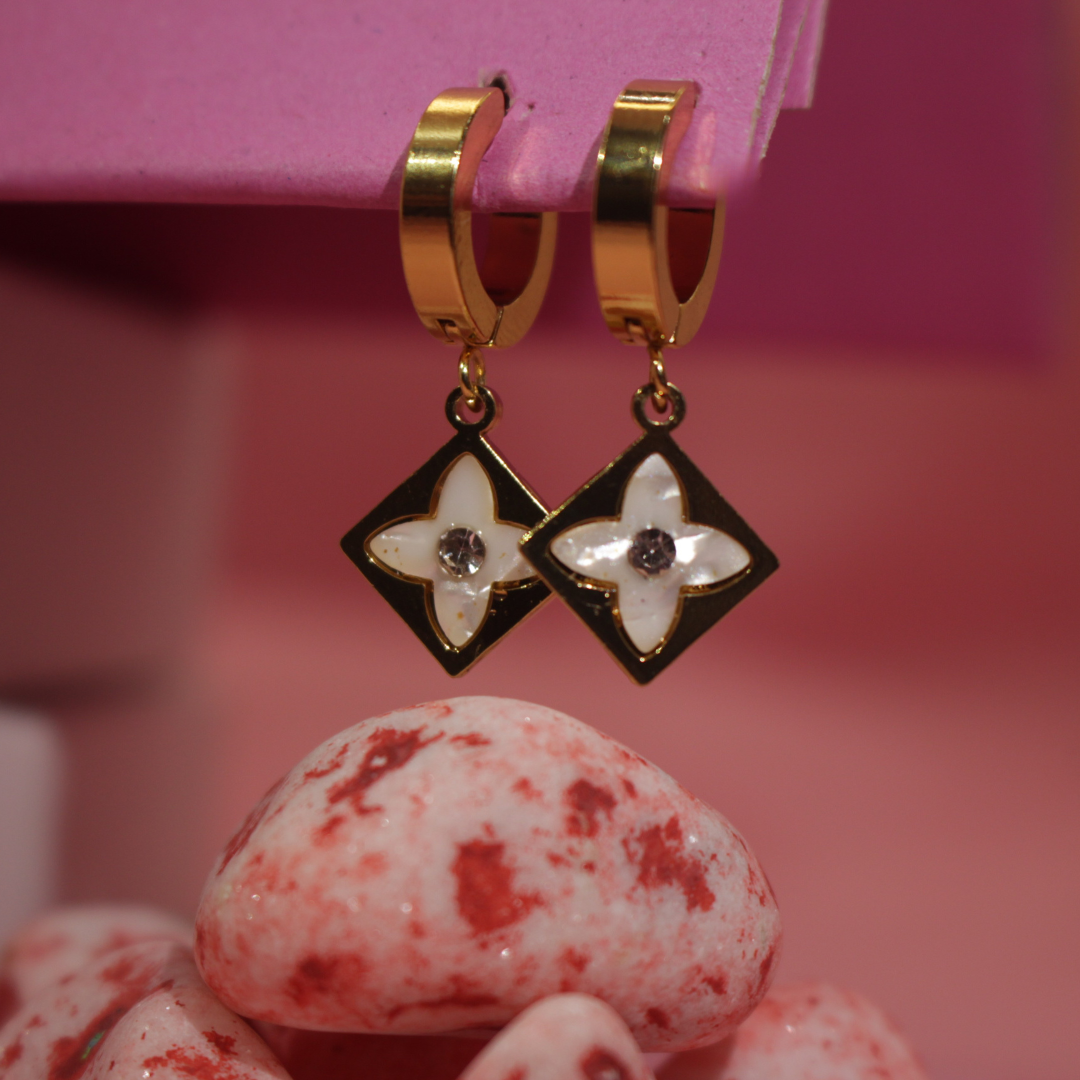 Floral Drop Hoop Earrings  Gold with White Enamel Charm