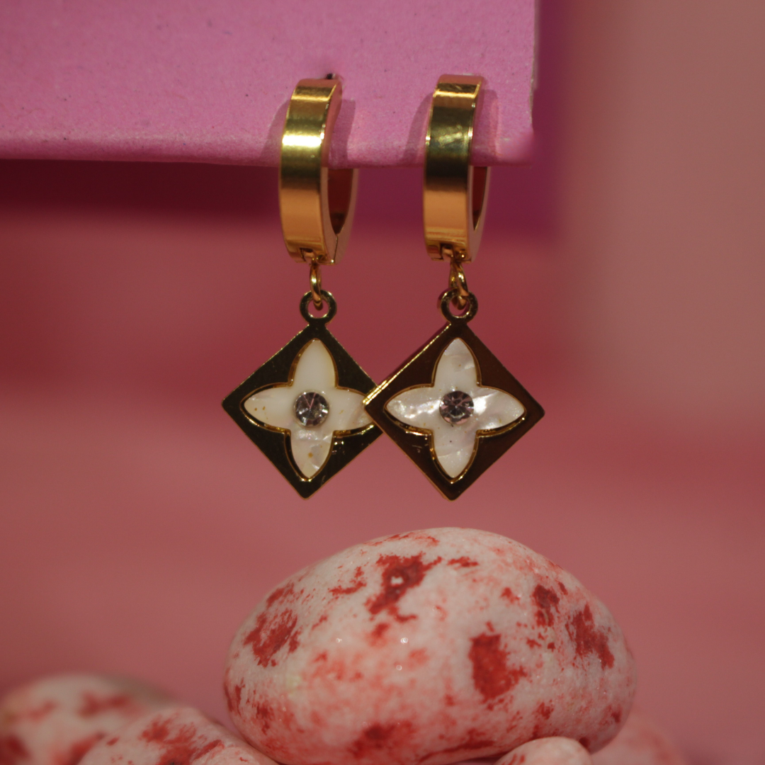 Floral Drop Hoop Earrings Gold with White Enamel Charm