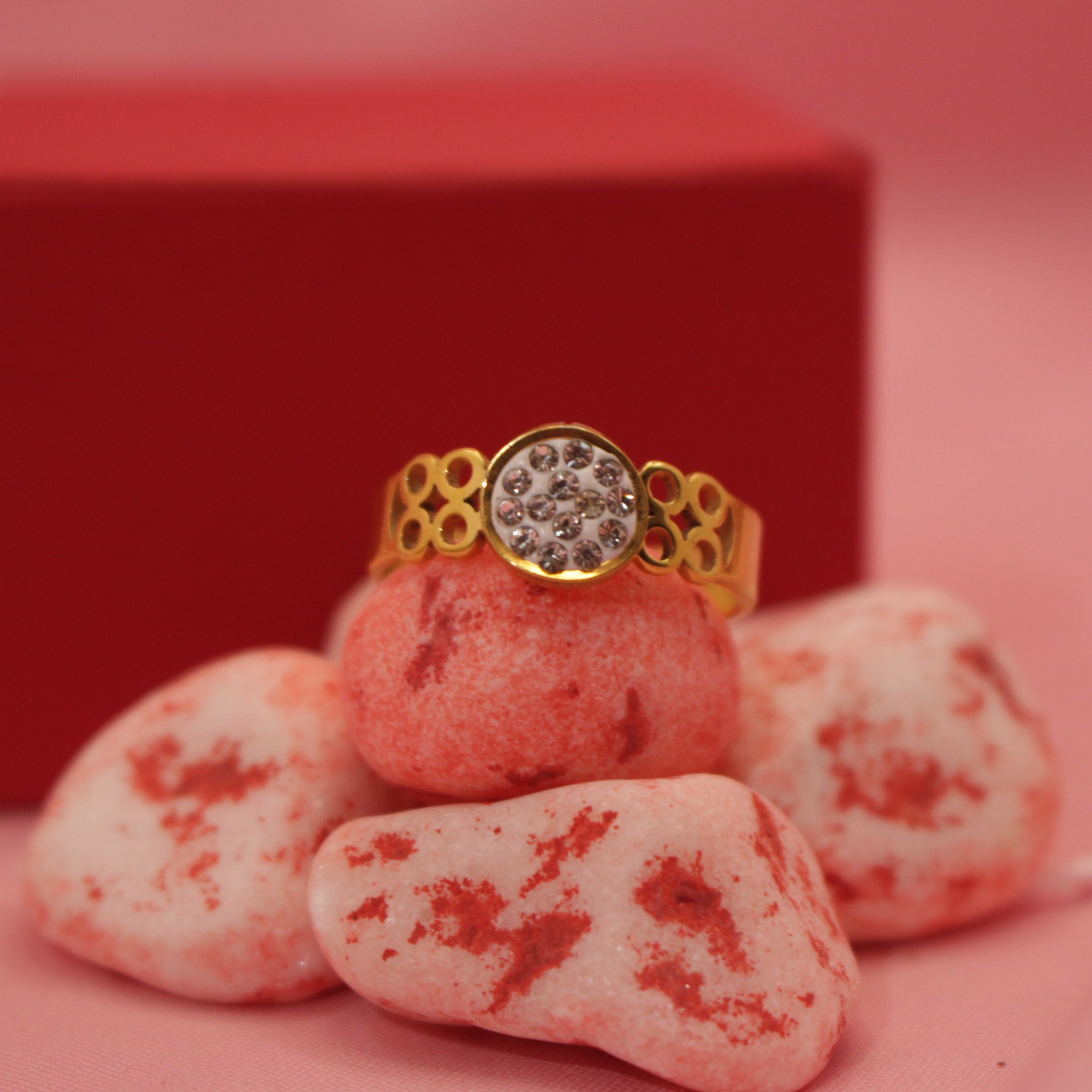 Gold Halo Ring Stainless Steel with Clear Crystals