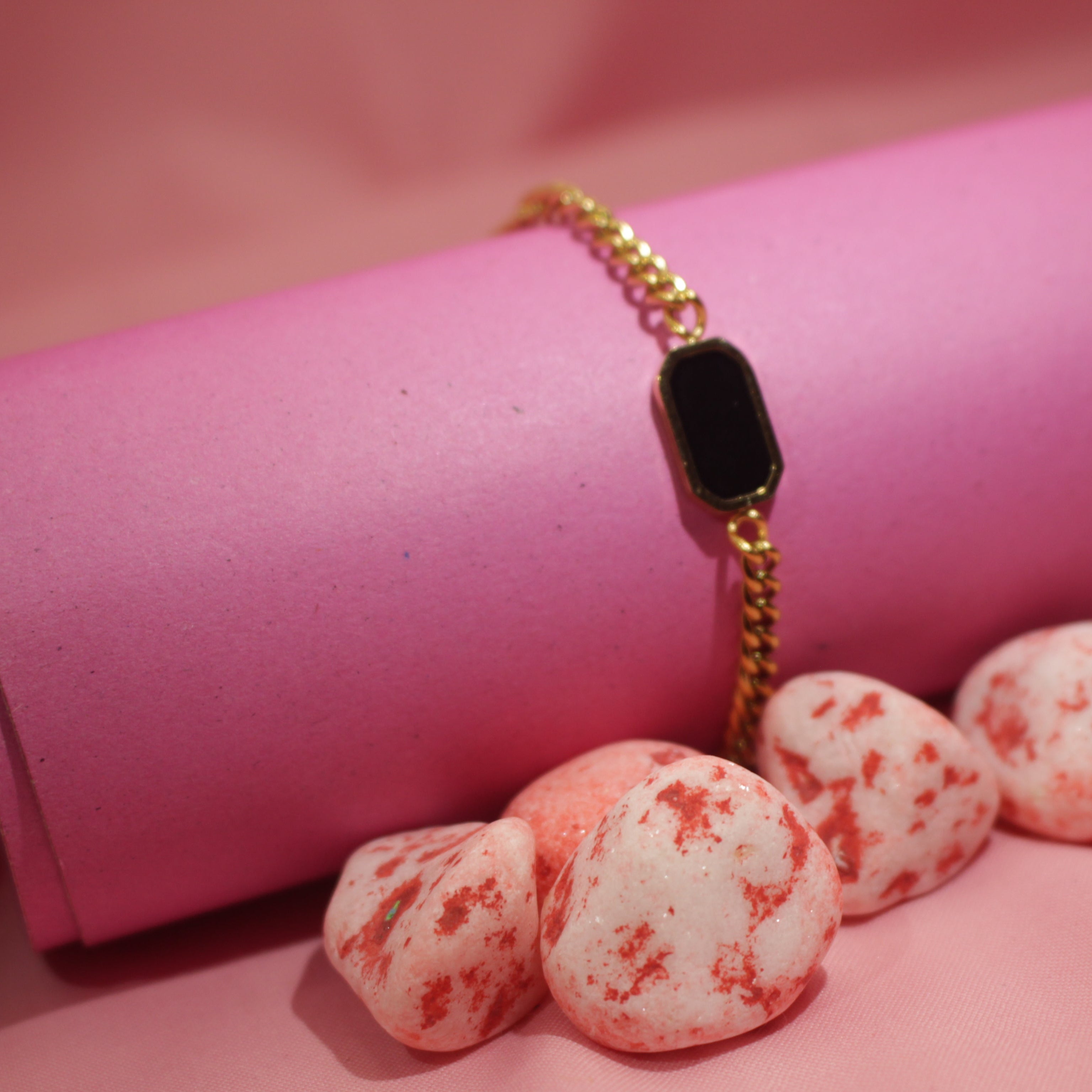 Stainless Steel Gold Bracelet with Black Stone